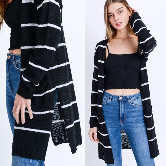 NEW! Black White Striped Cardigan Side Slit - Picture 6 of 7